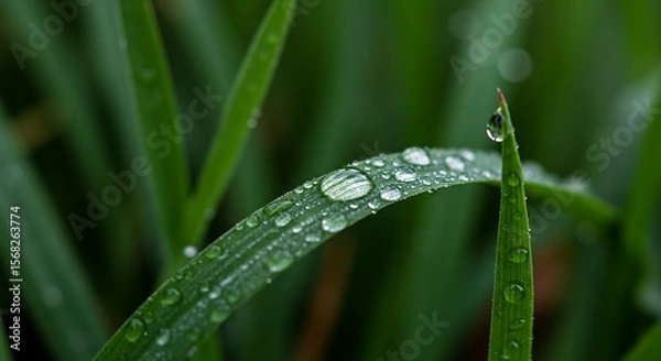 Obraz Close up macro of morning dew on green grass blades with sharp water droplets vibrant natural colors soft sunlight and shallow depth of field pristine fresh nature concept generative ai

