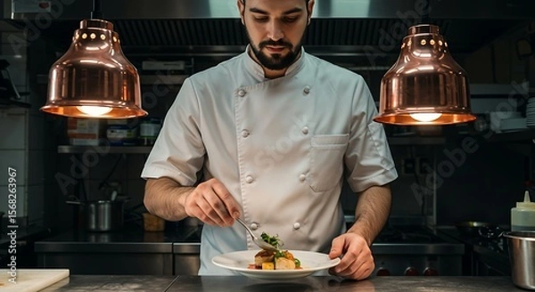 Obraz Confident young male chef plating gourmet dish in professional kitchen with sharp focus on hands food textures and vibrant culinary details under warm ambient lighting generative ai