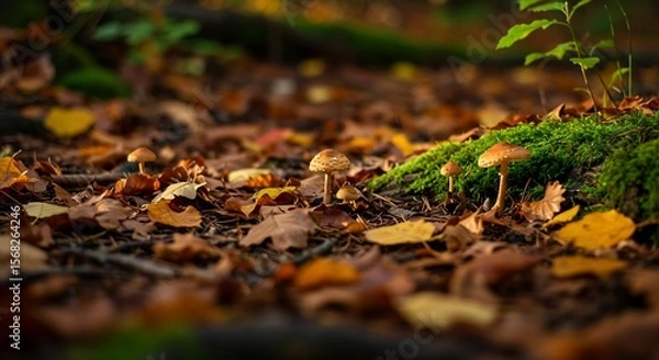 Obraz Ultra detailed photo of colorful autumn forest floor with fallen leaves mushrooms and moss sharp textures and soft warm sunlight rich natural seasonal atmosphere generative ai

