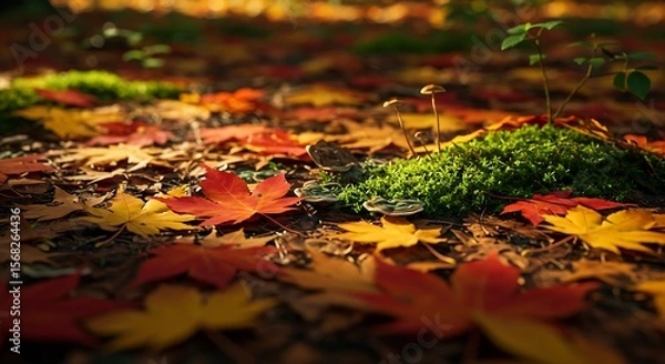 Obraz Closeup of autumn forest ground with vibrant leaves mushrooms moss and natural light warm earthy textures and seasonal detail generative ai

