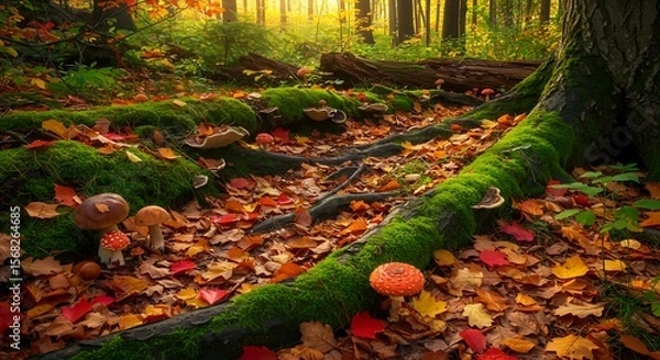 Obraz Closeup of autumn forest ground with vibrant leaves mushrooms moss and natural light warm earthy textures and seasonal detail generative ai

