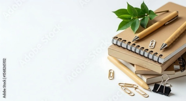 Obraz Focus stacked flat lay of eco friendly office supplies kraft paper notebook bamboo pen green leaves and paper clips minimalist design with clean white background and copy space generative ai

