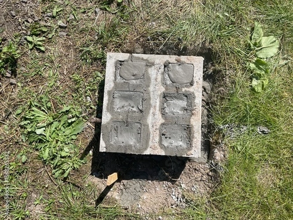 Fototapeta Foundation made of concrete cinder blocks