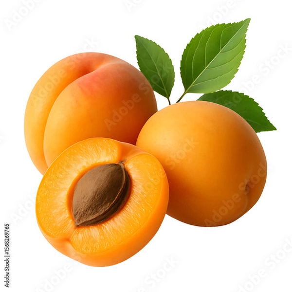 Fototapeta Fresh Apricots Whole, Halved with Pit, and Leaves on White -  Transparent Background
