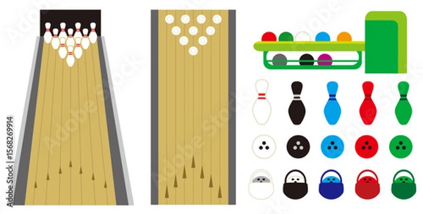 Obraz 趣味やスポーツにもなる球技のボウリングに関係した素材を色付のベクター・イラストでデザインしたコレクション
