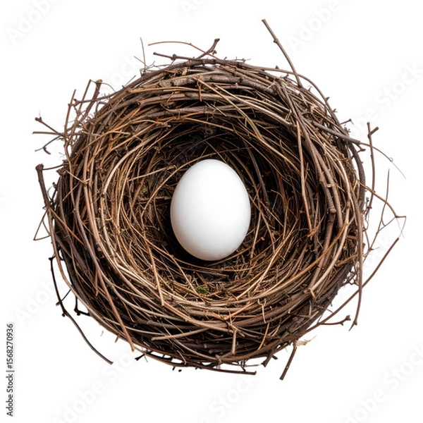 Fototapeta Nest Egg's Serenity: A singular pristine white egg rests nestled within a rustic bird's nest, a quiet embodiment of nature's gentle care and fresh new beginning.