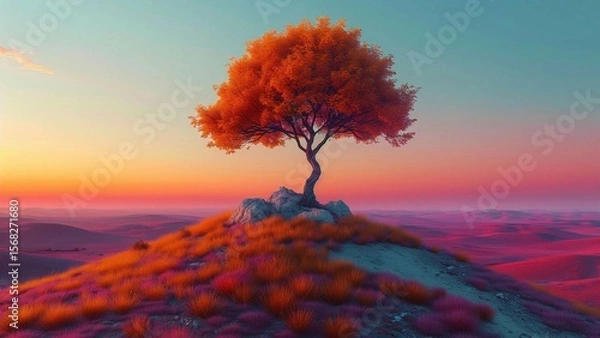 Fototapeta Tree stands on a hill, surrounded by vibrant red and orange grasses, with a stunning sunset sky in the background