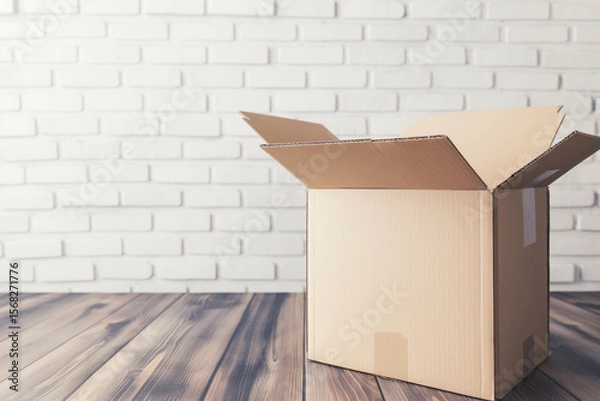 Fototapeta empty open box on white brick wall background with space for inscription