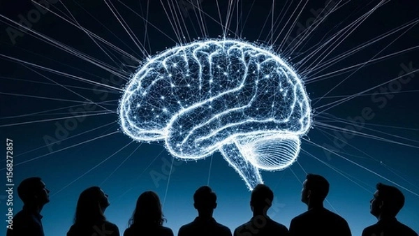 Fototapeta Group of people is watching a glowing image of a brain