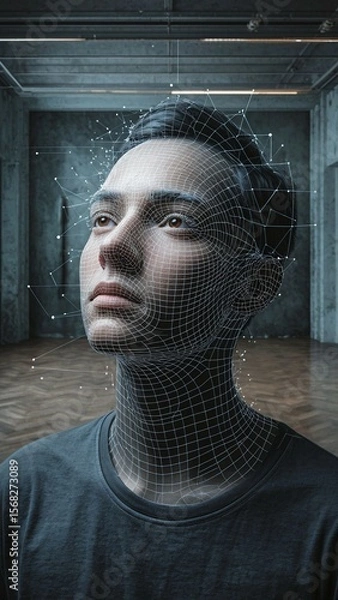 Fototapeta Person with a digital mesh overlay on their face, set in a modern, industrial environment