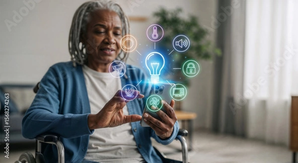 Obraz Senior disabled woman sitting in wheelchair and using smartphone app to control house lights, with icons representing various functions of smart home devices floating around lightbulb