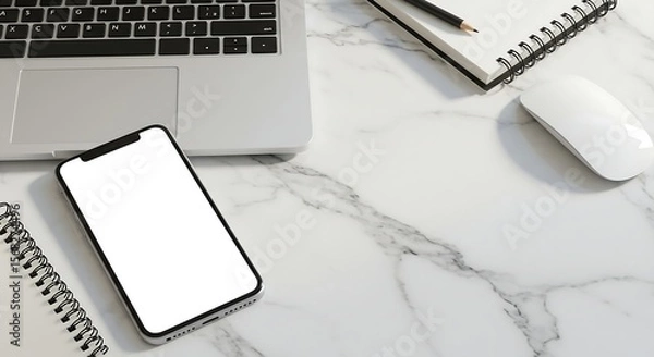 Obraz Technology mockup layout silver laptop phone notebook wireless mouse white marble surface soft ambient lighting blank space for digital promo generative ai