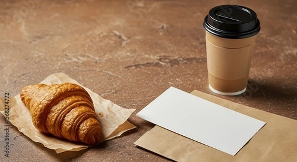 Obraz Bakery branding flat lay croissant coffee kraft bag blank menu card on stone background warm lighting sharp detail clean space for logo generative ai

