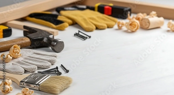 Obraz DIY tools and materials flat lay hammer nails paintbrush gloves wood shavings on white table sharp detail blank space for renovation ad generative ai

