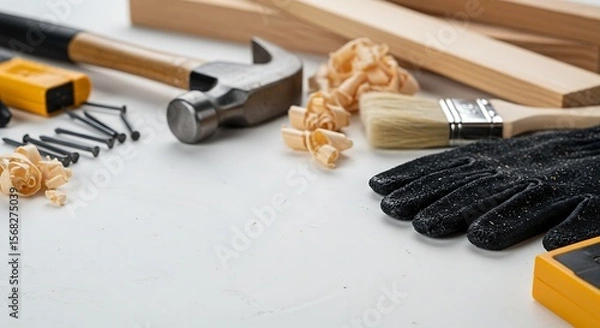 Obraz DIY tools and materials flat lay hammer nails paintbrush gloves wood shavings on white table sharp detail blank space for renovation ad generative ai

