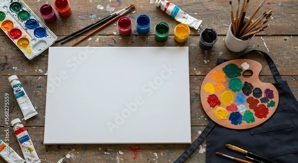 Obraz Art studio flat lay with blank canvas palette paint tubes brushes apron on splattered wooden table sharp color detail space for promo generative ai

