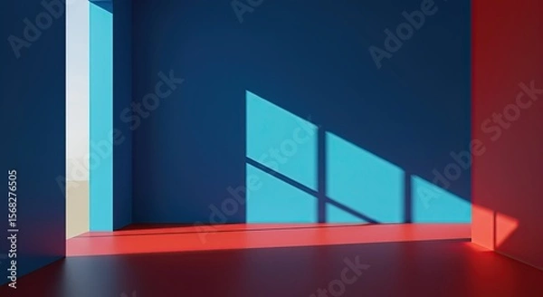 Fototapeta Minimalist Sunlit Interior with Color Block Walls and Shadows.