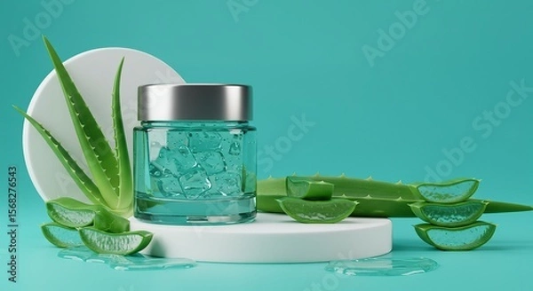 Obraz Aloe Vera Skincare Gel Jar with Fresh Leaves on Turquoise Background.