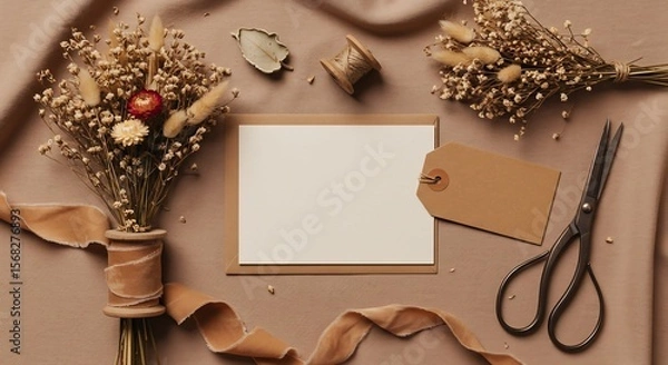 Obraz Floral branding mockup dried flowers ribbon scissors kraft tag blank greeting card on soft fabric background warm tones space for logo generative ai