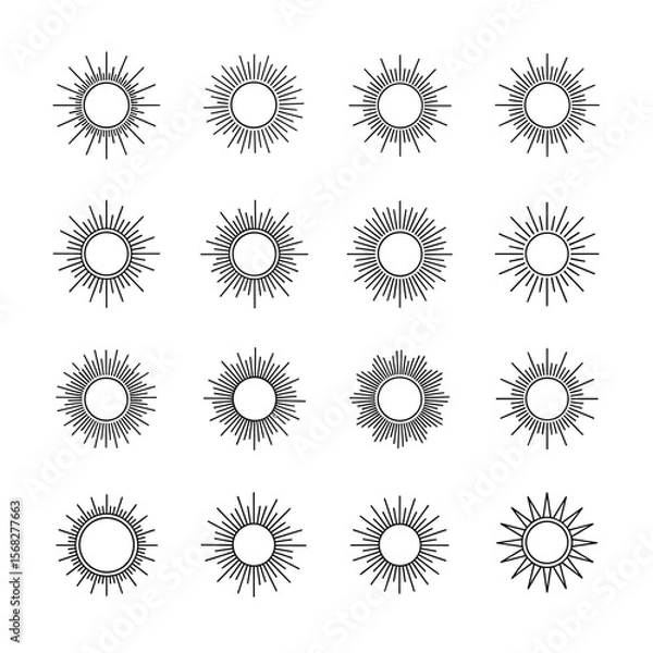 Fototapeta Sixteen sunburst designs arranged in a grid, each featuring a central circle with radiating lines.