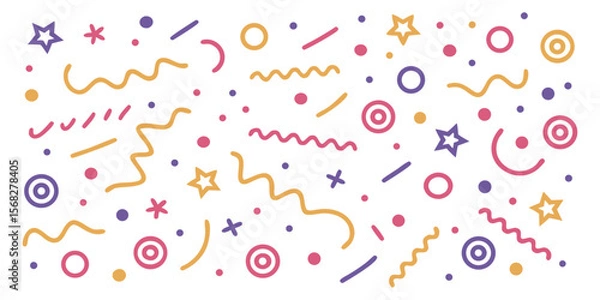 Fototapeta Abstract party confetti background. Playful doodle pattern with colorful shapes. Vector illustration for kids' birthdays or fun event designs.