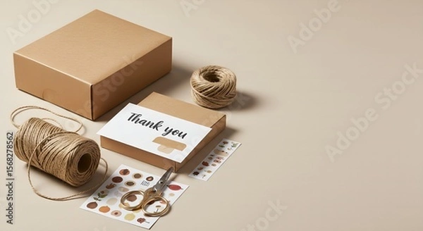 Obraz Packaging design essentials flat lay kraft box twine thank you card scissors sticker sheet textured neutral background blank space for branding generative ai

