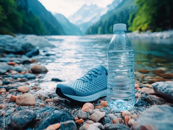 Fototapeta Bottled Water and Running Shoe by Mountain River – Hydration and Outdoor Activity
