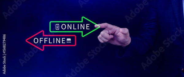 Fototapeta Online vs offline business sales or marketing strategy concept, Transition from offline to online in commerce business.