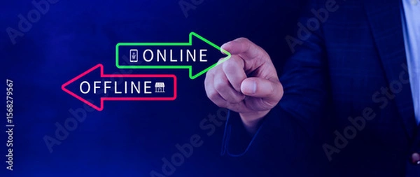 Fototapeta Online vs offline business sales or marketing strategy concept, Transition from offline to online in commerce business.