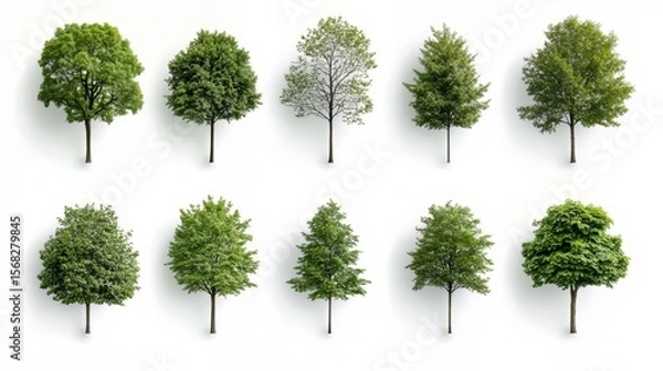 Fototapeta Collection of trees in various sizes and shapes. The trees are all green and are arranged in a row