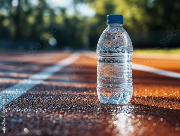 Fototapeta Cold Bottled Water on Running Track – Hydration After Workout
