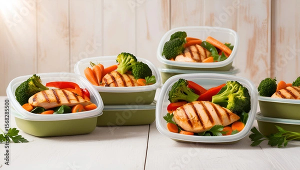 Obraz Freshly prepared food containers featuring grilled chicken with colorful vegetables, perfect for fitness meal prep and clean eating visuals