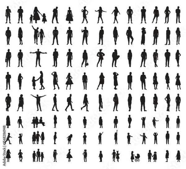 Fototapeta Silhouettes of diverse people in various poses and sizes arranged in a gridlike formation