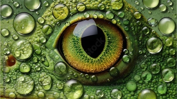 Obraz Intricate Close-Up of a Frog's Eye Adorned with Glimmering Water Droplets