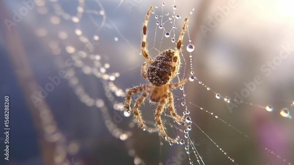 Obraz Intricate Spider Web Adorned with Dewdrops in a Serene Morning Setting