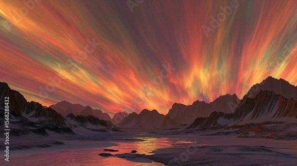 Obraz Surreal Landscape Under Fiery Sky: Jagged Mountains and Reflective Icy Waters