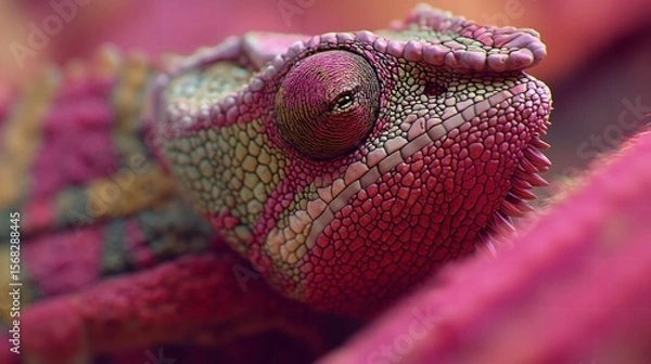 Obraz Vibrant Pink Chameleon Close-Up Showcasing Intricate Scales and Mesmerizing Details