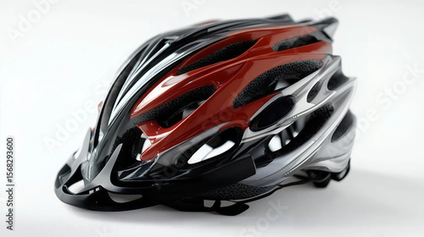 Fototapeta Red and White Bicycle Helmet Isolated on White Background