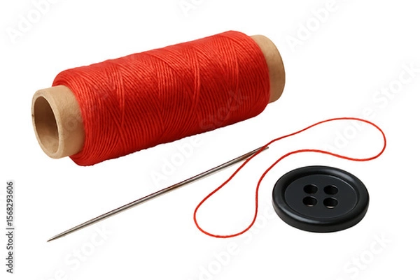 Obraz Red thread spool with needle and black button isolated on transparent background