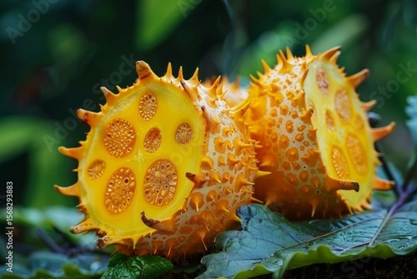 Fototapeta Two halves of a kiwano fruit showing the bright yellow flesh and seeds, resting on a green leaf
