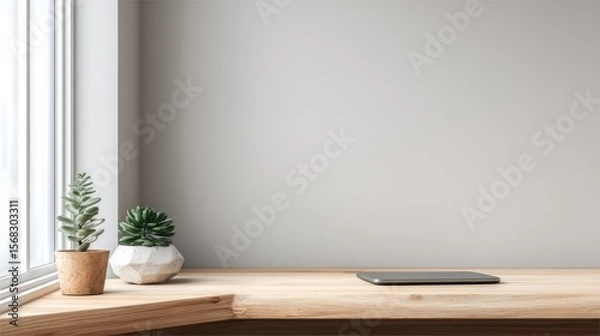Fototapeta Empty wooden desk corner with plants and laptop.  Light gray wall, bright window