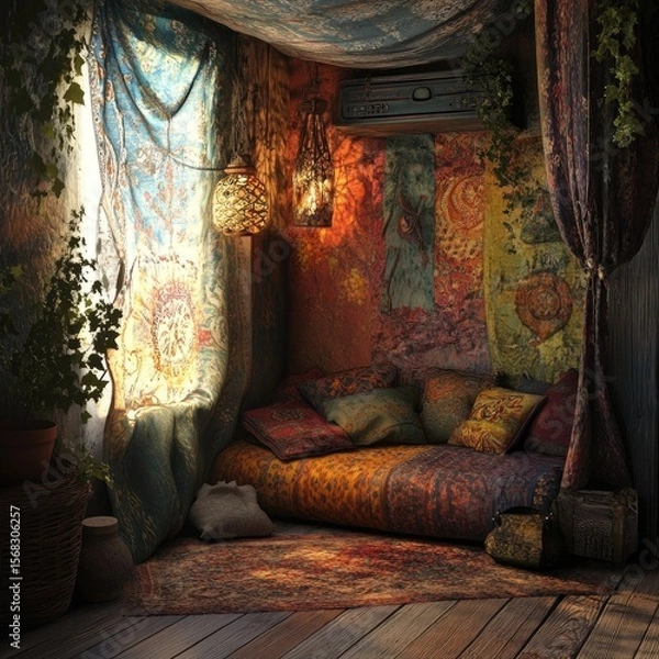 Fototapeta Cozy bohemian corner with vibrant textiles, plush seating, and hanging lamps. Sunlight streams through sheer curtains, illuminating a tranquil atmosphere