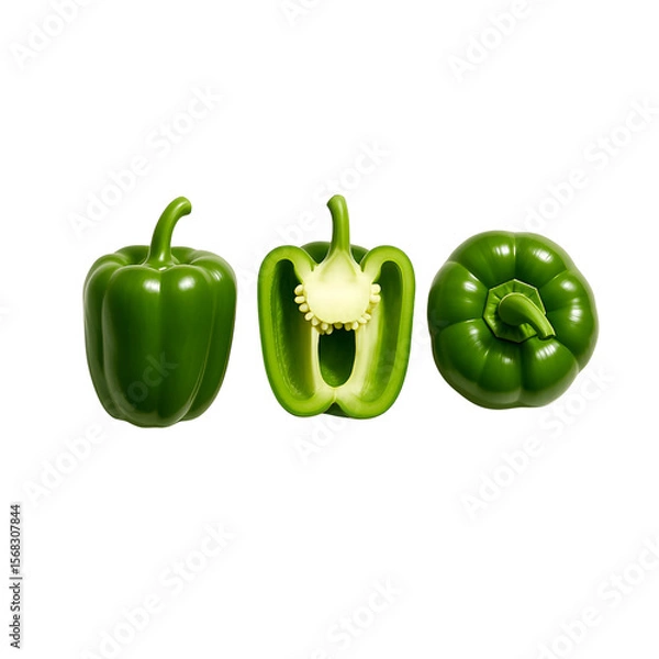 Fototapeta Three Green Bell Peppers: Whole and Halved on Transparent Background