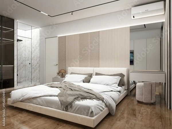 Fototapeta Cozy modern bedroom with a low upholstered bed, soft lighting, wood flooring, wall paneling, marble shower, and minimalistic furniture in neutral beige and white tones