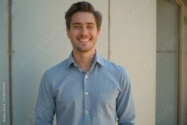 Fototapeta Smiling young man standing in front of wall
