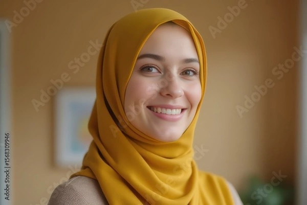 Fototapeta Attractive adult ethnic female in golden headscarf smiling and looking at camera on beige background of light room at home