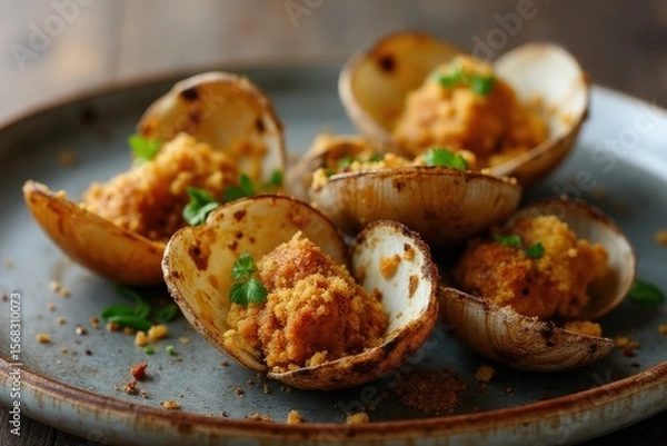 Fototapeta Wood-grilled clams with citrus chili butter and breadcrumbs