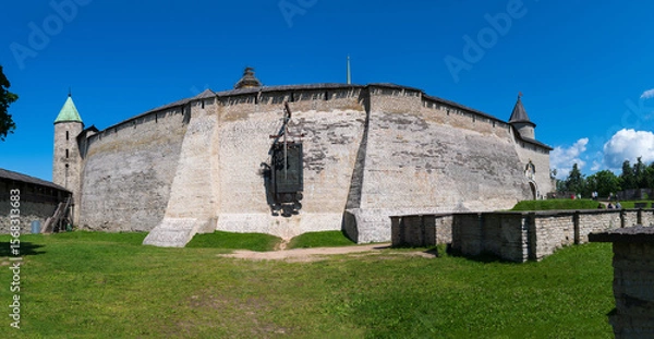 Fototapeta Panoramic view of the Percy Wall of the Pskov Kremlin, Pskov, Russia.
