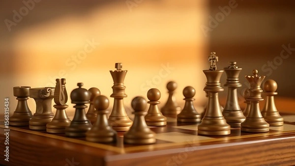 Fototapeta Chess pieces arranged strategically on a wooden board, highlighted by warm directional lighting.