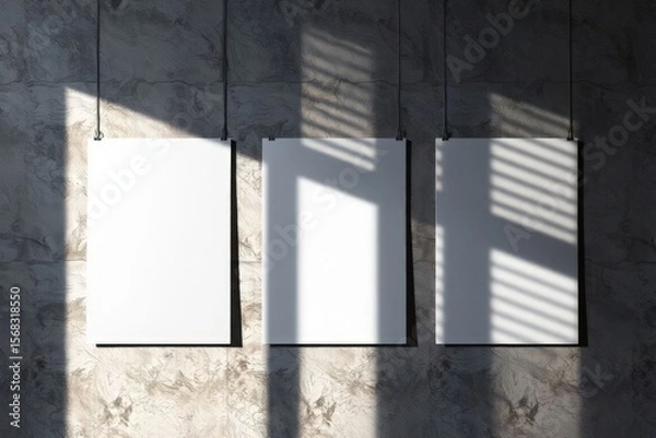Fototapeta Three Blank Posters Hanging on Textured Wall Mockup Design Template